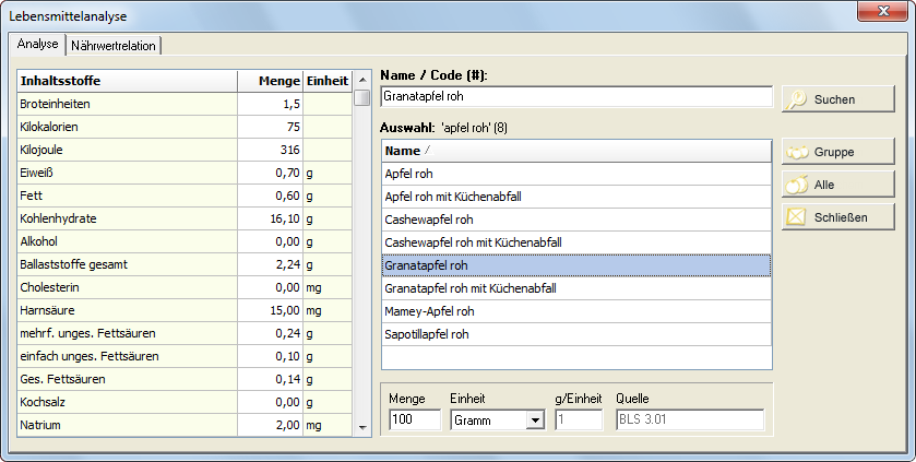 Lebensmittelanalyse - Hauptfenster