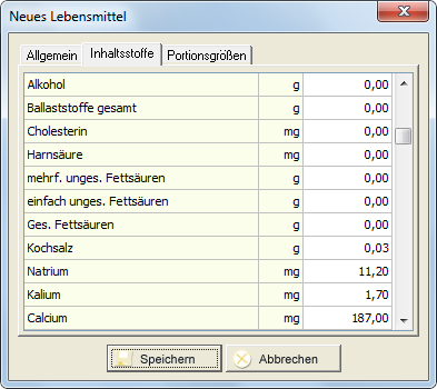 Lebensmittel neu anlegen - Tab2