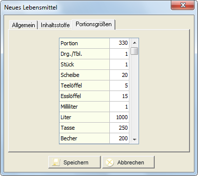 Lebensmittel neu anlegen - Tab3