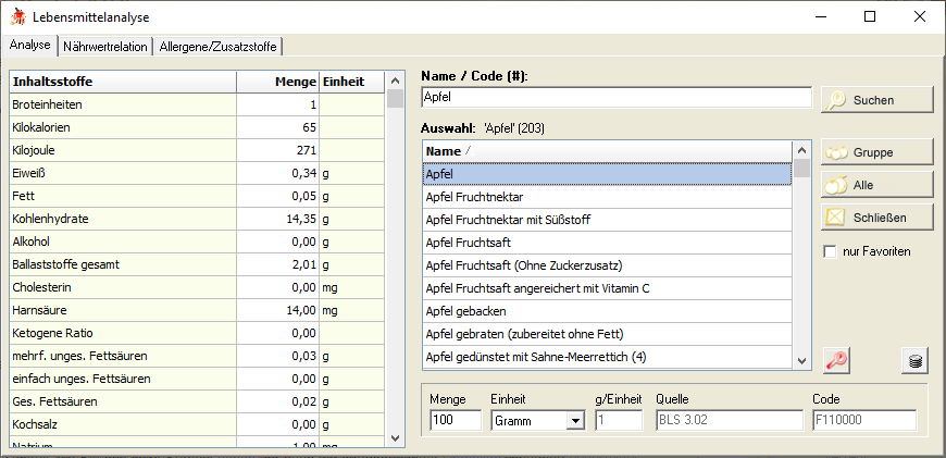 Lebensmittelanalyse - Hauptfenster