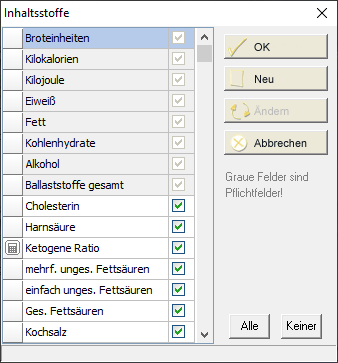 Datenbank - Inhaltsstoffe bearbeiten